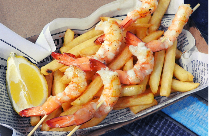 Malibu Fish n Chips - Prawn Skewers and Chips